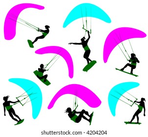 Silhouettes of the women who are engaged of kite surfing.