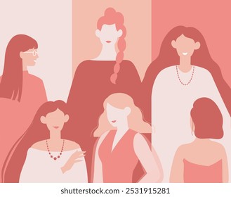 Silhouettes of women. Young girls in fashionable clothes. Aesthetics and elegance, fashion, beauty and style. Abstract minimalist creativity and art. Fashion magazine cover. Flat vector illustration