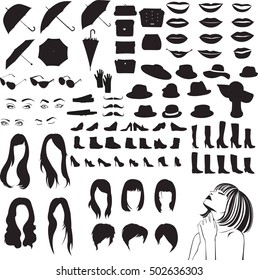 Silhouettes of women's accessories, shoes and other items of women's style 