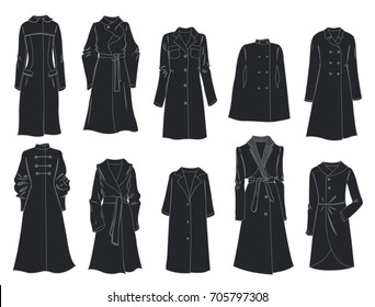 Silhouettes of women's coats isolated on white background