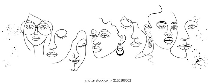 Silhouettes of women's faces. Drawing continuous line art. Abstract modern set of women portraits with black lines. Illustration isolated on white background in modern trendy style.  banner, poster