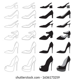Silhouettes Of Women's Shoes Vector Collection. Women's Shoes Silhouette Isolated On White Background