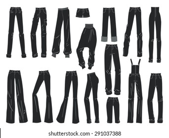 Silhouettes of women's trousers and shorts isolated on white background