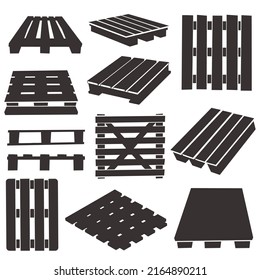 Silhouettes of wood pallets from different angles, flat vector illustration isolated on white background. Set of icons of warehouse platforms.