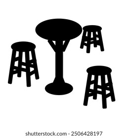 Silhouettes of a wooden table and bar stools on a black and white background