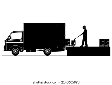 Silhouettes of worker with pallet stacker loading small truck from ramp. Vector.