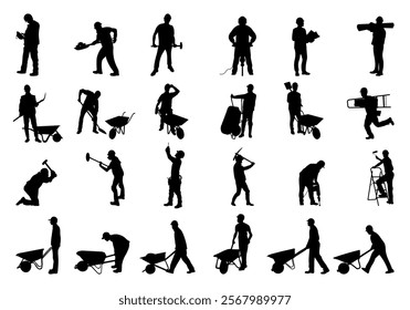 Silhouettes of Workers and Laborers in Various Positions, Construction, Industry and Manual Work