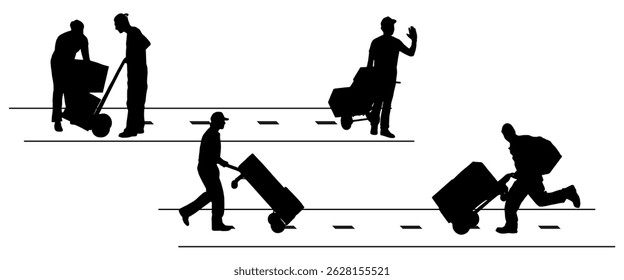 Silhouettes of Workers Transporting Boxes with Hand Trucks