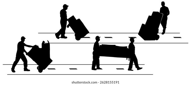  Silhuetas de Trabalhadores Transportando Mercadorias com Caminhões Manuais e Levantamento Manual