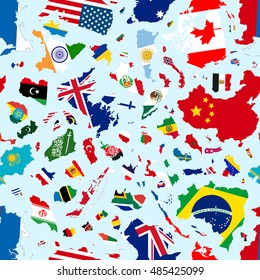 Silhouettes of world sovereign states with countries flags isolated on blue, seamless pattern