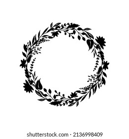 Silhouettes of wreaths of field herbs and plants. Black vector round frames isolated on white background. Medicinal flowers, twigs, leaves. The plant elements are hand drawn in ink. Ready template. 