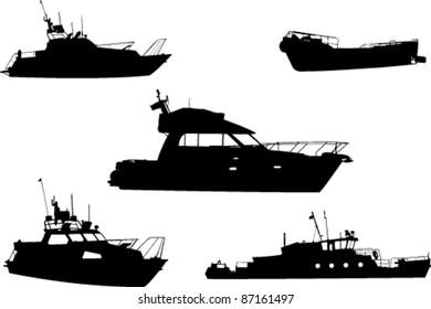 Silhouettes of yachts, a boat and a steamship