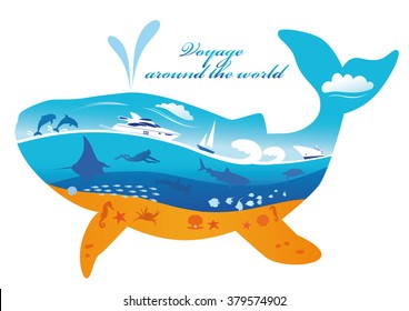 Silhouettes of yachts, cruise liner, sailing boat, sea turtle, dolphins, sharks, manta ray, exotic fish, crab, starfish, sea in the whale silhouette isolated  over white background.