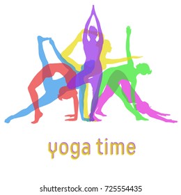 Silhouettes of yoga girls mixed together for yoga banner design. Colored vector icons of woman practicing different yoga poses.