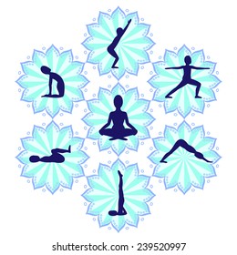 Silhouettes in yoga poses in mandalas