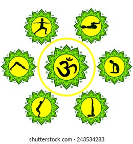 Silhouettes in yoga poses in mandalas, om symbol