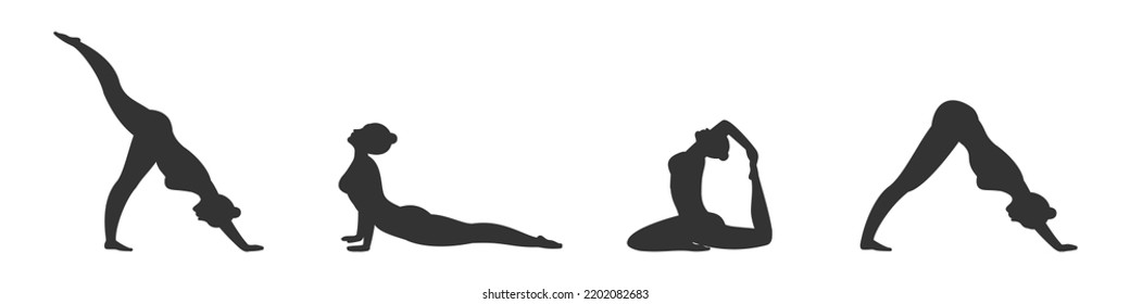 Se colocan siluetas de yoga - figuras negras aisladas sobre un fondo blanco. Ilustración vectorial.