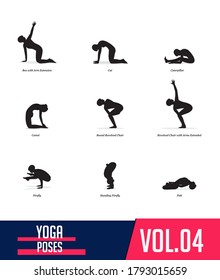 Silhouettes yoga poses of woman doing yoga exercises in flat design. Icons set flexible girl stretching  and relaxing body in different asana poses. Isolated black shapes of woman. Vector Illustration