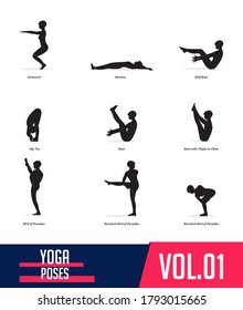 Silhouettes yoga poses of woman doing yoga exercises in flat design. Icons set flexible girl stretching  and relaxing body in different asana poses. Isolated black shapes of woman. Vector Illustration