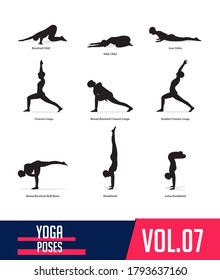 Silhouettes yoga poses of woman doing yoga exercises in flat design. Icons set flexible girl stretching  and relaxing body in different asana poses. Isolated black shapes of woman. Vector Illustration