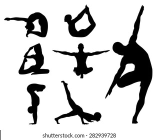 Silhouettes of yoga positions on white background