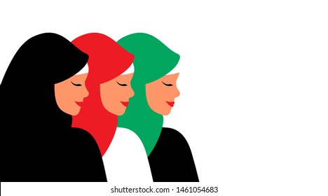 Silhouettes of Young arab women wearing colorful hijab. Emirati Women's day background . Vector illustration in flat style