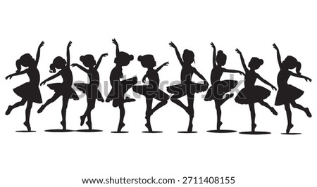 Silhouettes of young ballerinas dancing in various ballet poses. Elegant children’s dance illustration perfect for art projects, posters, education, and creative design themes.