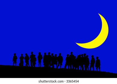 silhouettes of young children in moonlight (vector eps format)