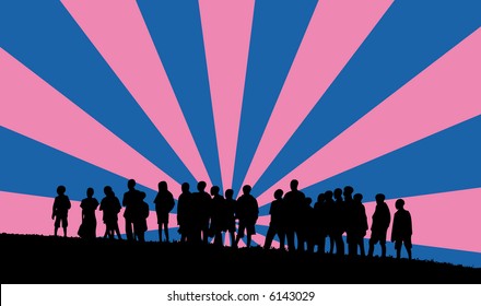 silhouettes of young children with retro background