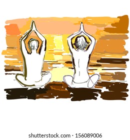 Silhouettes of young couple doing yoga, meditating in lotus position. Vector illustration in the style of watercolor drawing.