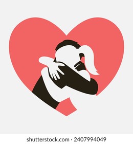 Silhouettes of young couple in love. Black boyfriend and white girlfriend tenderly embrace in red love heart. Valentine's day postcard. Vector flat illustration