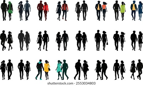 Silhouettes of young couple walking together holding hands, Beautiful romantic couple holding hands, Couple silhouettes, Couple holding hands