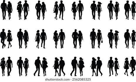 Silhouettes of young couple walking together holding hands, Beautiful romantic couple holding hands, Couple silhouettes, Couple holding hands