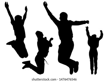 Silhouettes of young happy boys who jump in height and freedom feel from this joy