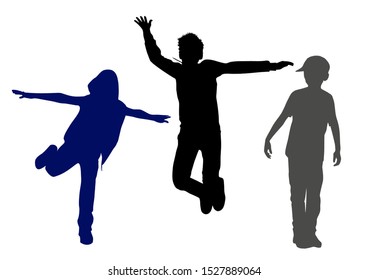 Silhouettes of young happy guys who jump up with their hands up and feel the vault and joy of these jumps