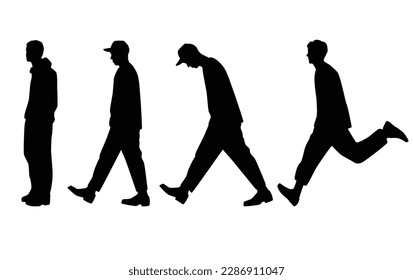 Silhouettes of a young man standing, walking, running. Profile of a teenager in motion,  vector, black color, isolated on a white background