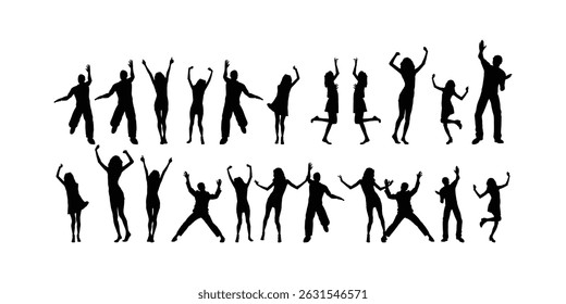 Silhouettes of a young man and woman jumping together representing joy, freedom, success and active lifestyle on a clean background