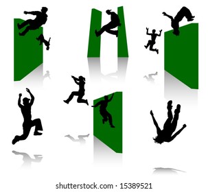 Silhouettes of young men in movement. Parkour.