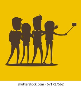 Silhouettes of young modern people pose and smile for selfie isolated on white background. Friendship Day celebration together with friends and family vector illustration. Youth have fun in company