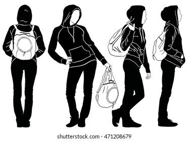 Silhouettes of young modern woman in casual jeans and hooded jumper urban style standing in different positions, wearing hanging bag in her back. Black and white vector icons of a girl on a street. 