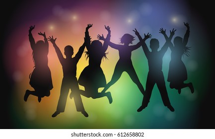 Silhouettes of young people dancing and jumping at a concert or party. Party people. Vector illustration