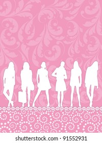 silhouettes of young people group on the abstract floral pattern