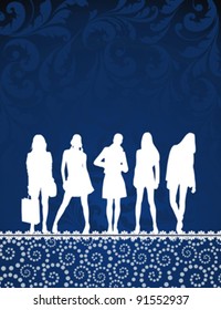 silhouettes of young people group on the abstract floral pattern