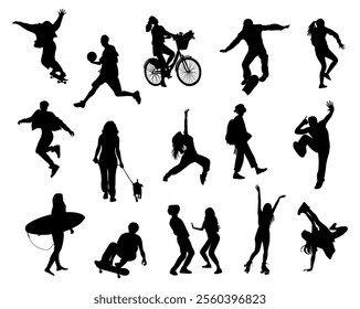 Silhouettes of young people, teenagers performing different activities, dancing, roller skating, walking dog, skateboarding, playing basketball. Vector drawings isolated on white background.