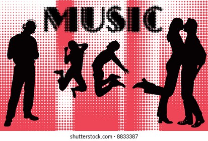 silhouettes of young people,listening to music,dancing  and kissing ,all on halftone totted background