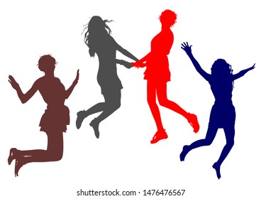 Silhouettes of young slender skinny girls who have fun jumping up holding hands
