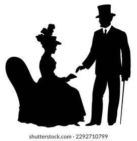 Silhouettes of young  victorian couple formed by woman sitting on armchair, holding fan and man with top hat and walking stick.