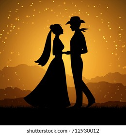 Silhouettes of young woman and cowboy man. Love couple, vector illustration