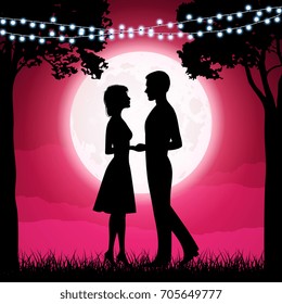 Silhouettes of young woman and man on the moon background. Girlfriend and boyfriend dating, couple love, silhouette. Vector illustration