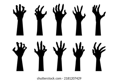 Silhouettes of Zombie hands and arms collection in a rise and reaching pose isolated on white. Graphic resource for evil spirit, Halloween, ghosts and fantasy.